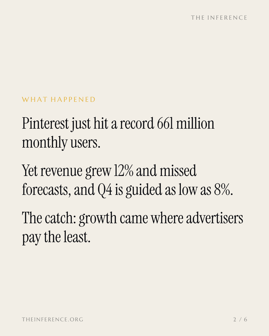 Pinterest's record 661 million users grew where ads pay least, and Q4 revenue growth is guided as low as 8% — slide 1