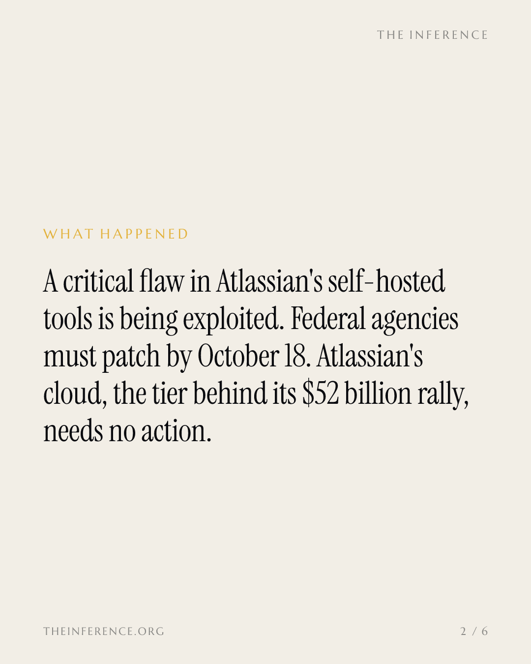 Federal agencies must patch Atlassian's exploited flaw by October 18; cloud products need no action — slide 1
