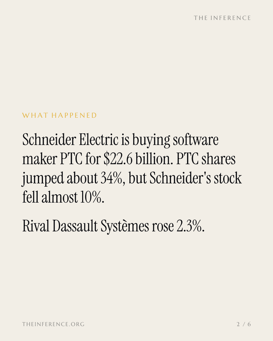 Schneider Electric pays $22.6 billion for PTC; Dassault trades at 20x earnings against peers' 38x — slide 1