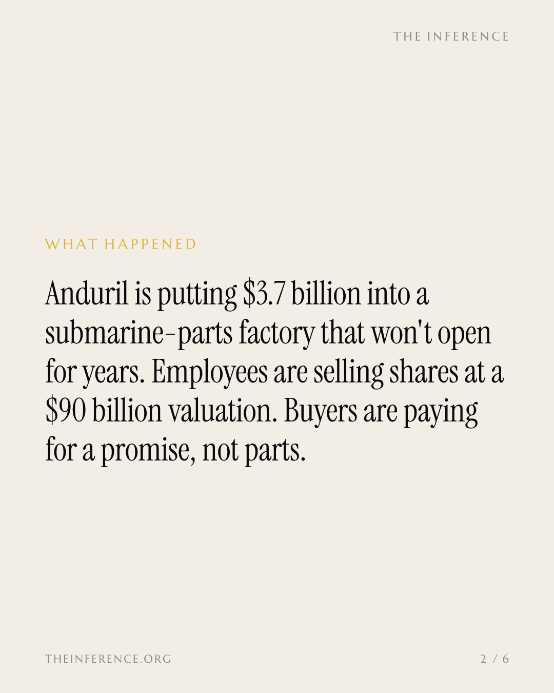 Anduril's $90 billion tender prices the Arsenal-2 promise, not the delivery — slide 1