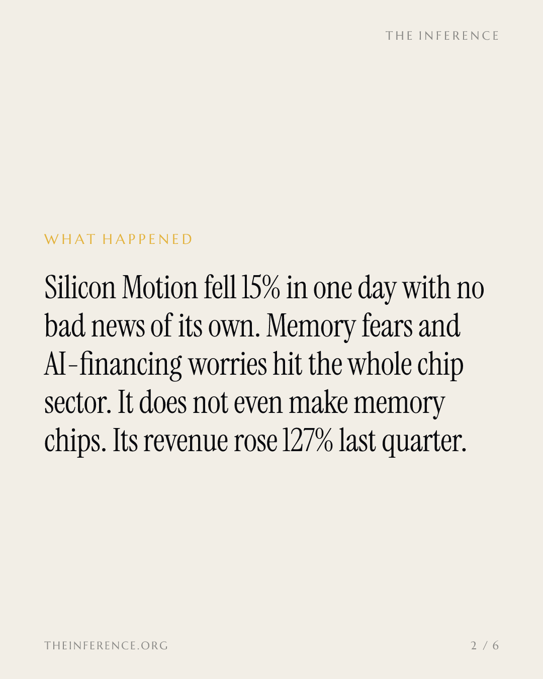 Silicon Motion fell 15% on a memory rout; Q2 revenue rose 127% and Q3 prints October 28 — slide 1