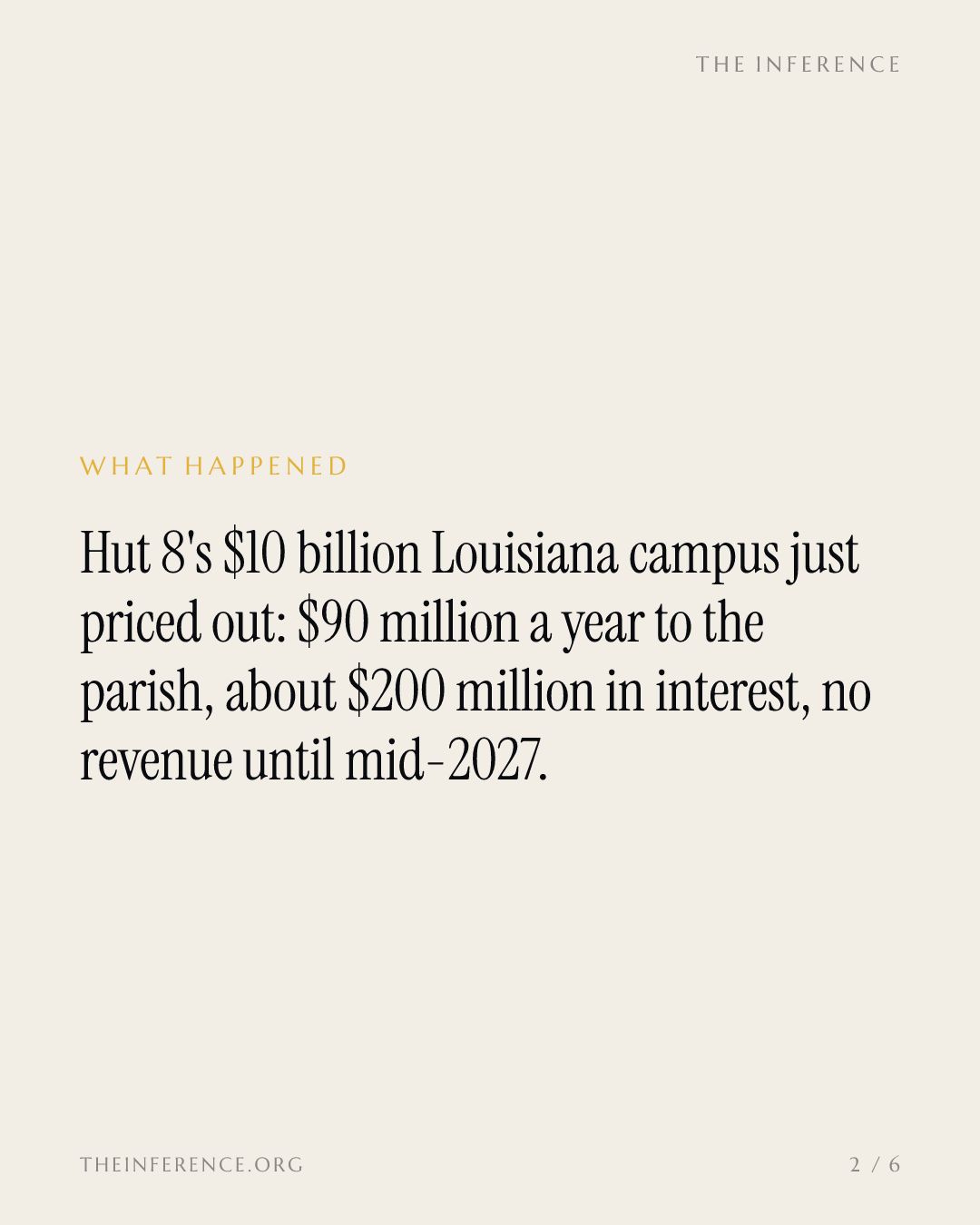 Hut 8 shareholders carry River Bend's interest and tax bill until the first hall opens in 2027 — slide 1