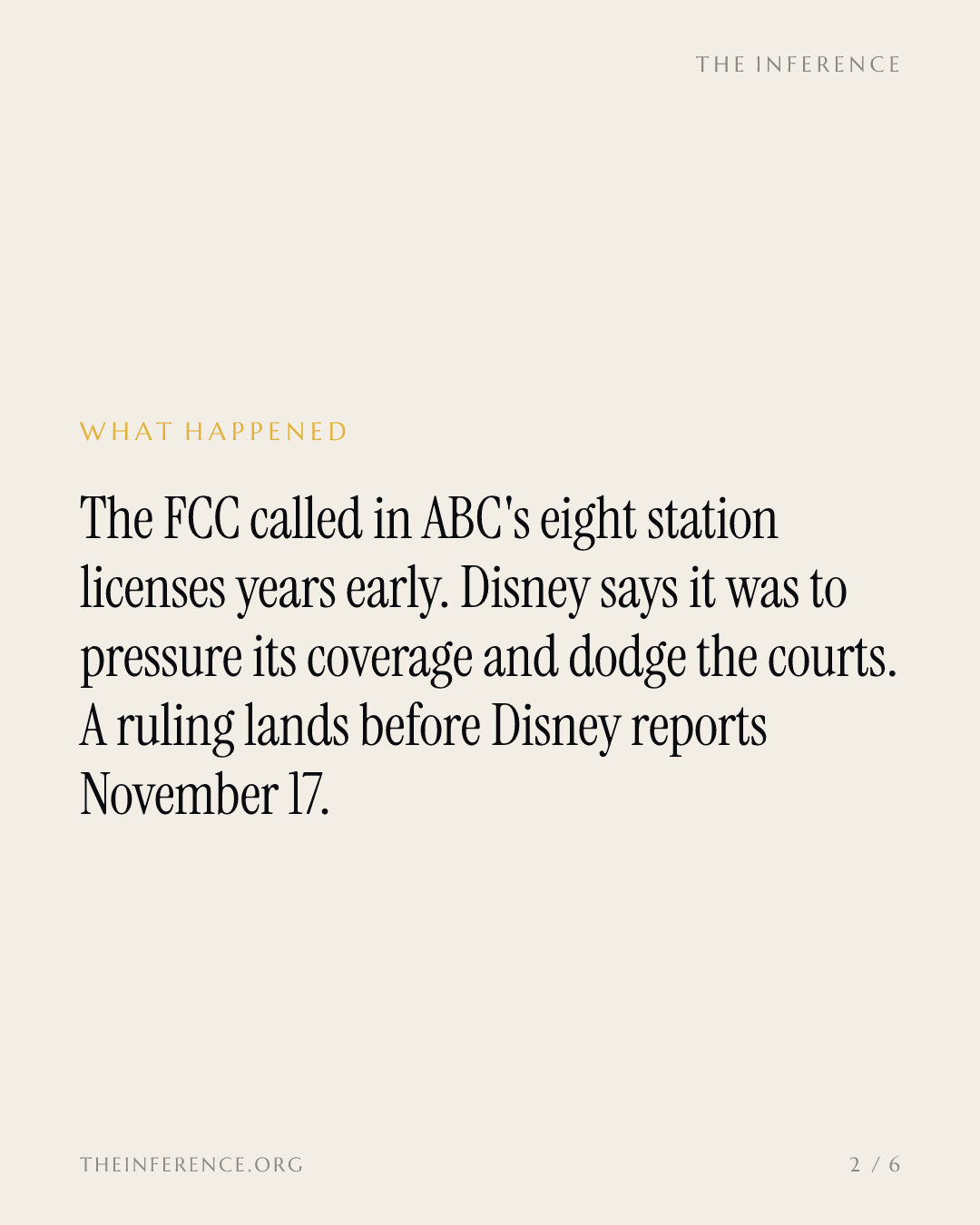 Disney says the FCC pulled ABC's license renewals forward by years to pressure it and dodge the courts — slide 1