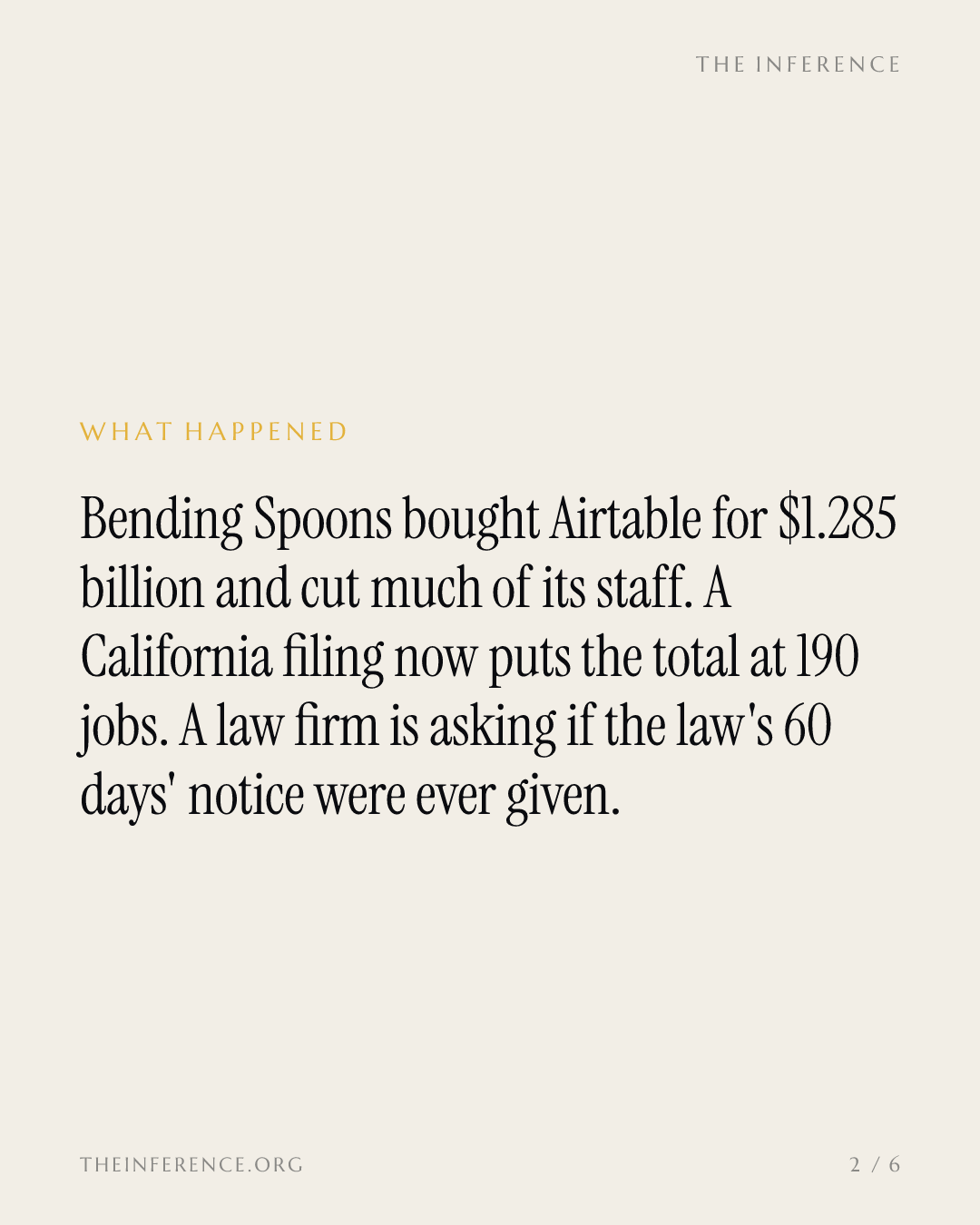 Bending Spoons' Airtable cuts total 190 jobs, and a law firm asks if 60 days' notice was given — slide 1