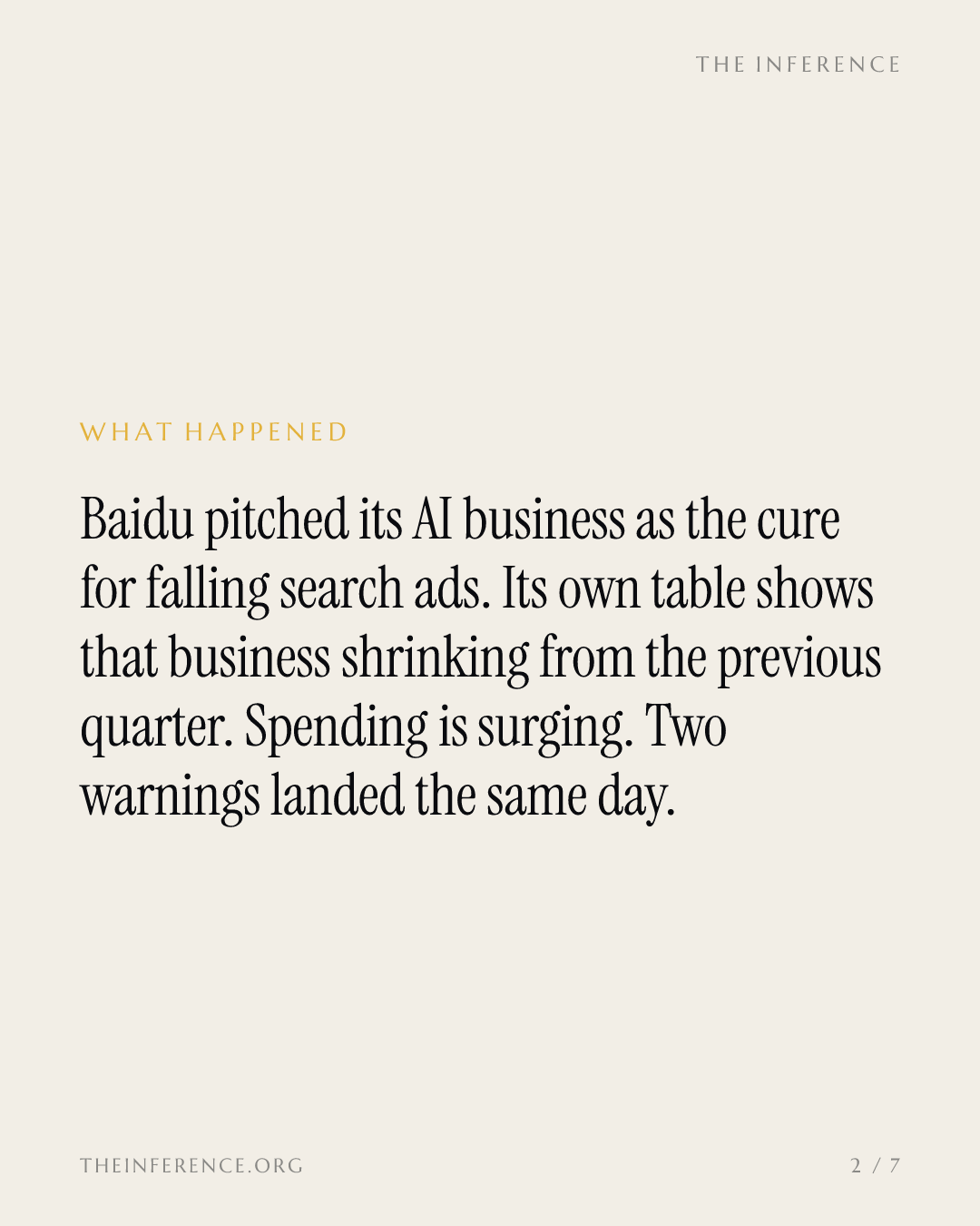 Baidu sold AI as the cure for its search decline. Its own table shows the cure shrinking. — slide 1