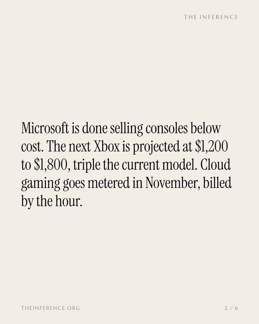 Microsoft's next Xbox is projected at $1,200 to $1,800; cloud gaming now bills $3.99 per 10 hours — slide 1