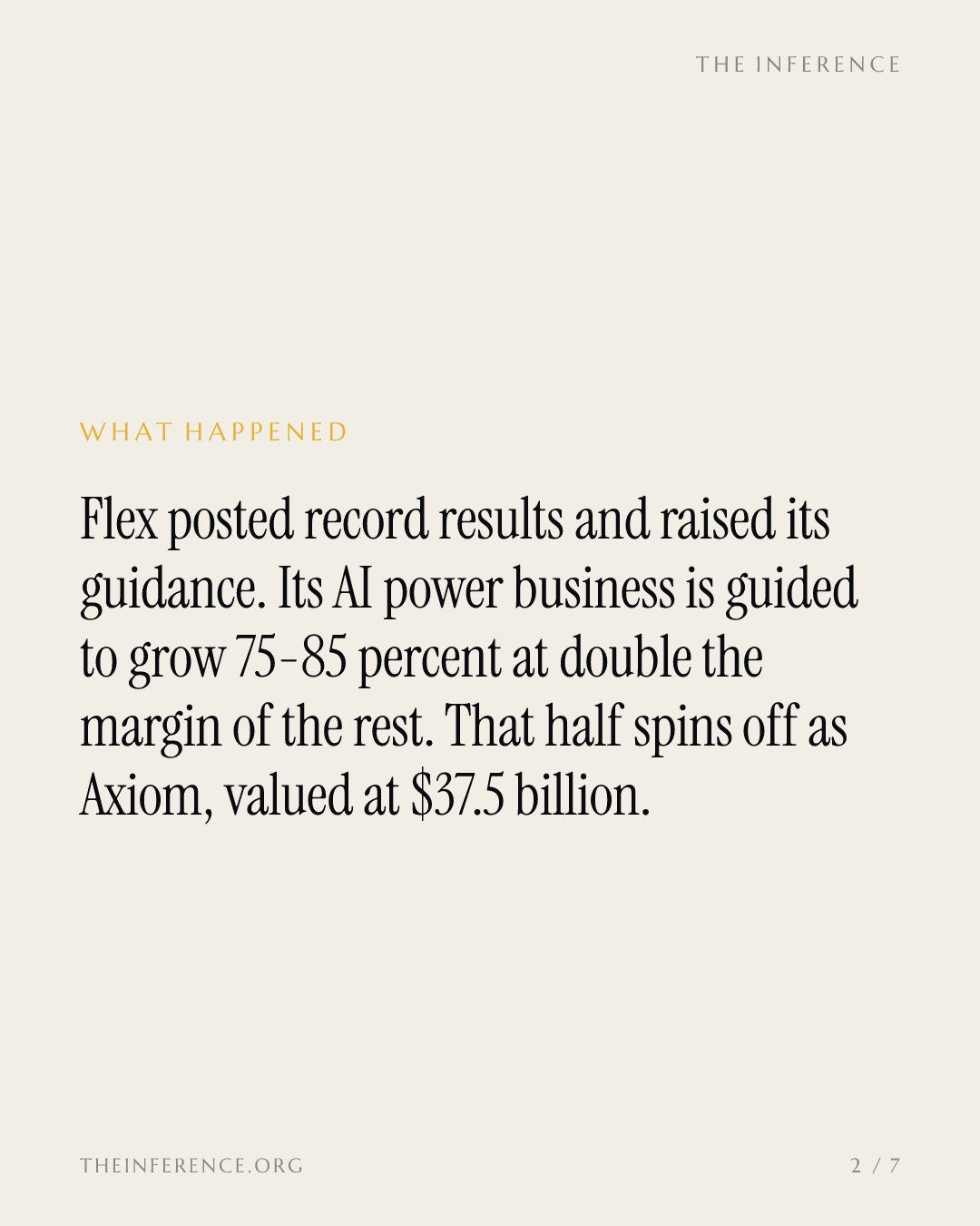 Flex's AI power segment grows 75-85% and spins off as Axiom, with Vicor's ITC case still open — slide 1