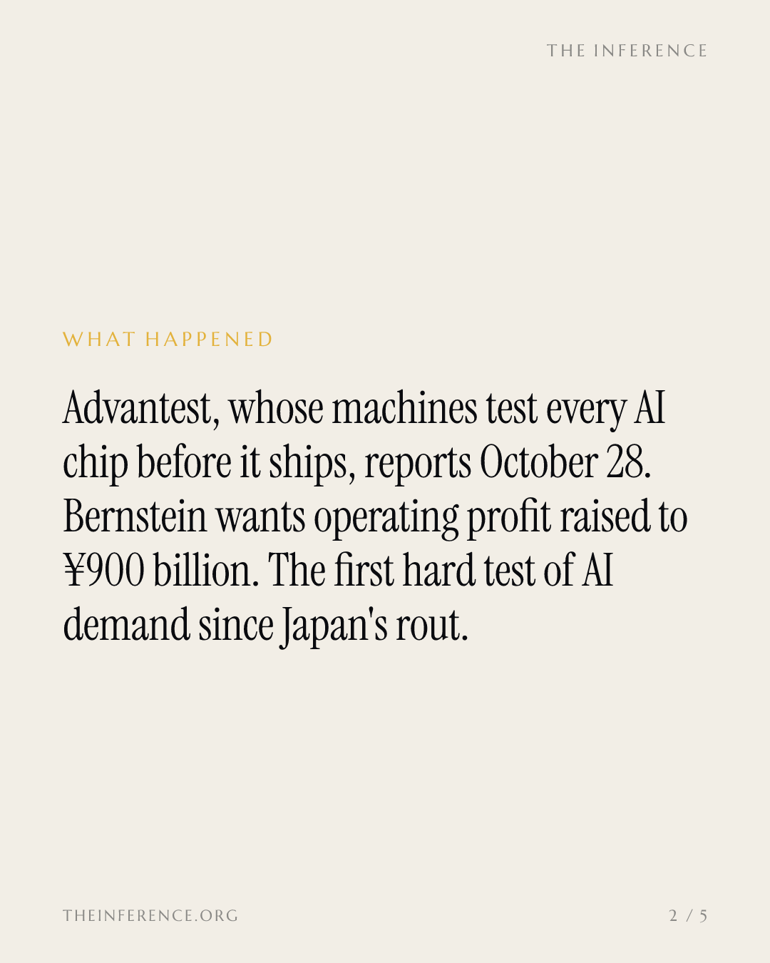 Advantest reports October 28 with a 51.7% margin and Bernstein's ¥900 billion operating-profit bar — slide 1
