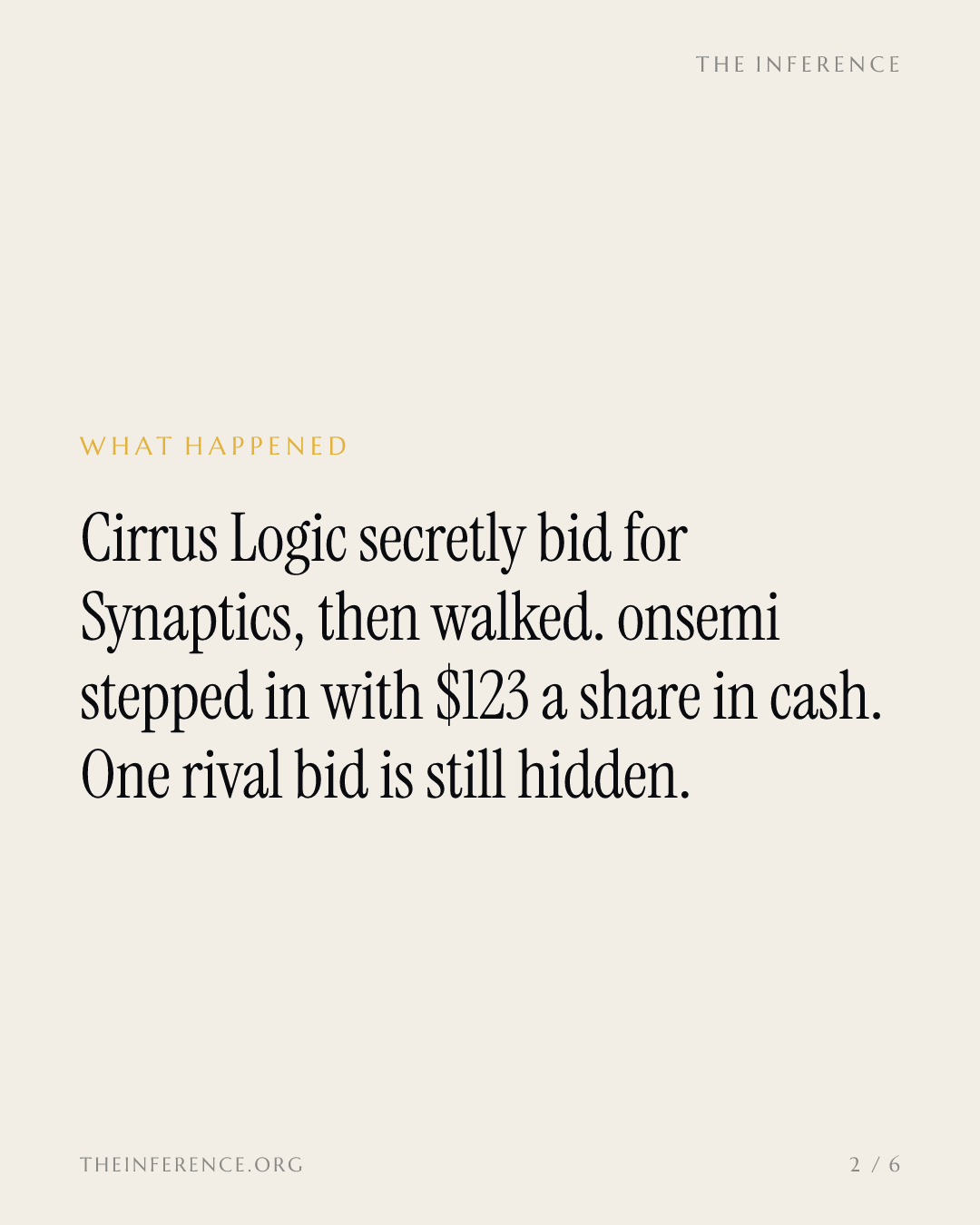 Cirrus Logic confirms it bid for Synaptics and walked away; onsemi is paying $123 a share in cash — slide 1