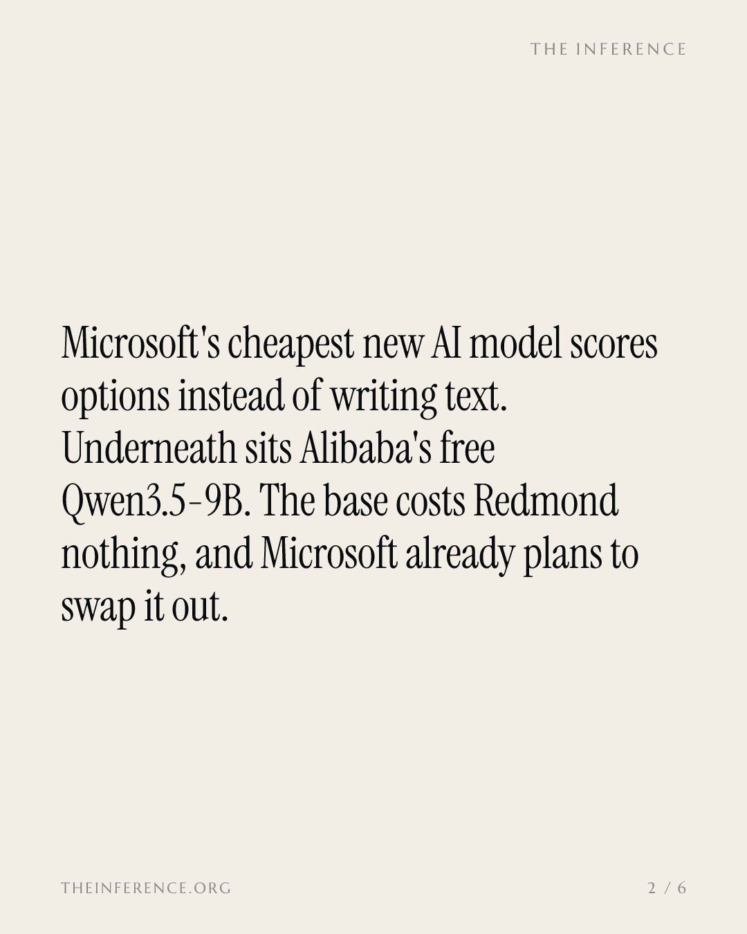 Microsoft's $0.042 decision model runs on Alibaba's free Qwen, and Redmond plans to replace it — slide 1