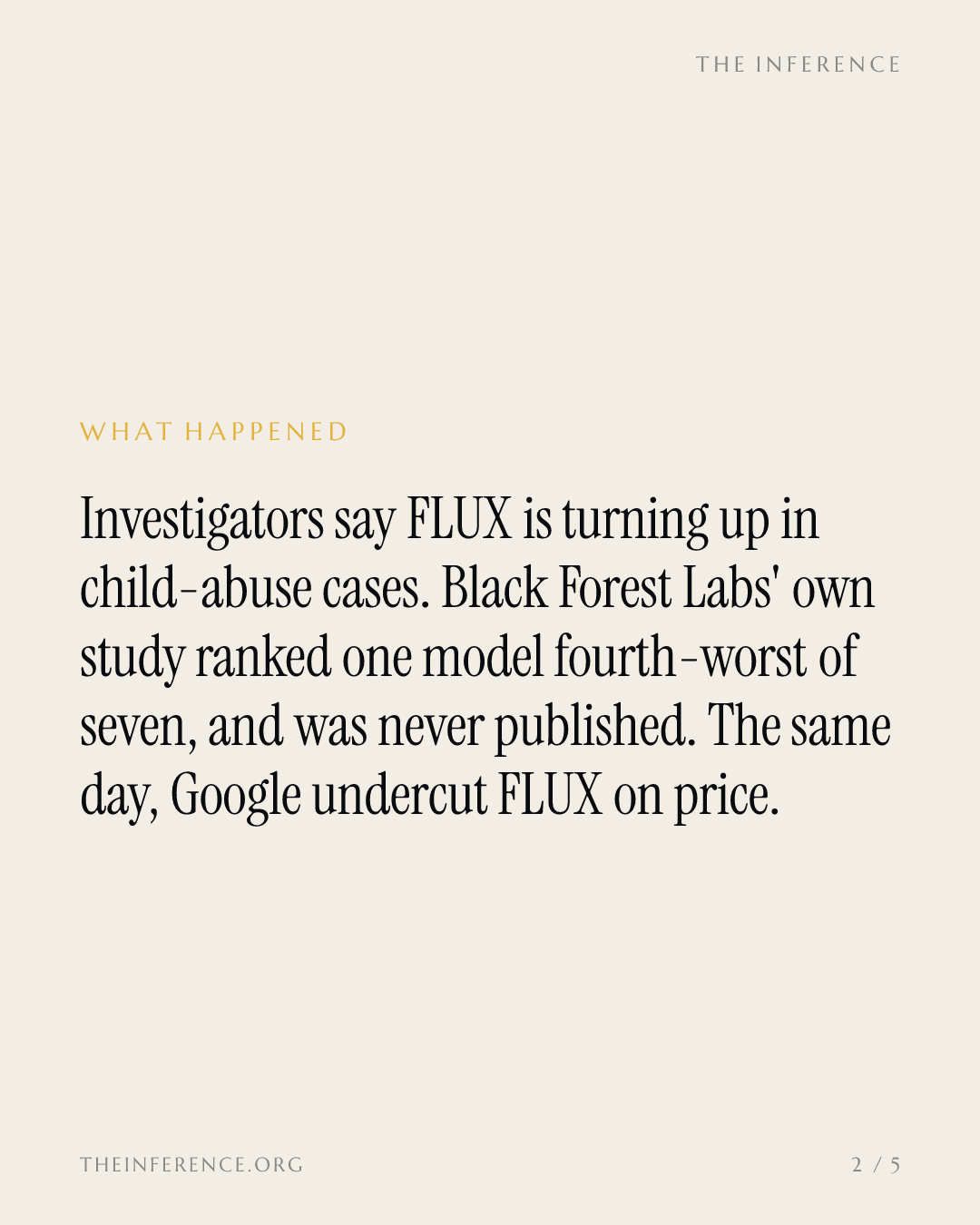 Bloomberg puts FLUX in the child-abuse supply chain; Black Forest Labs' own study ranked a model fourth-worst — slide 1