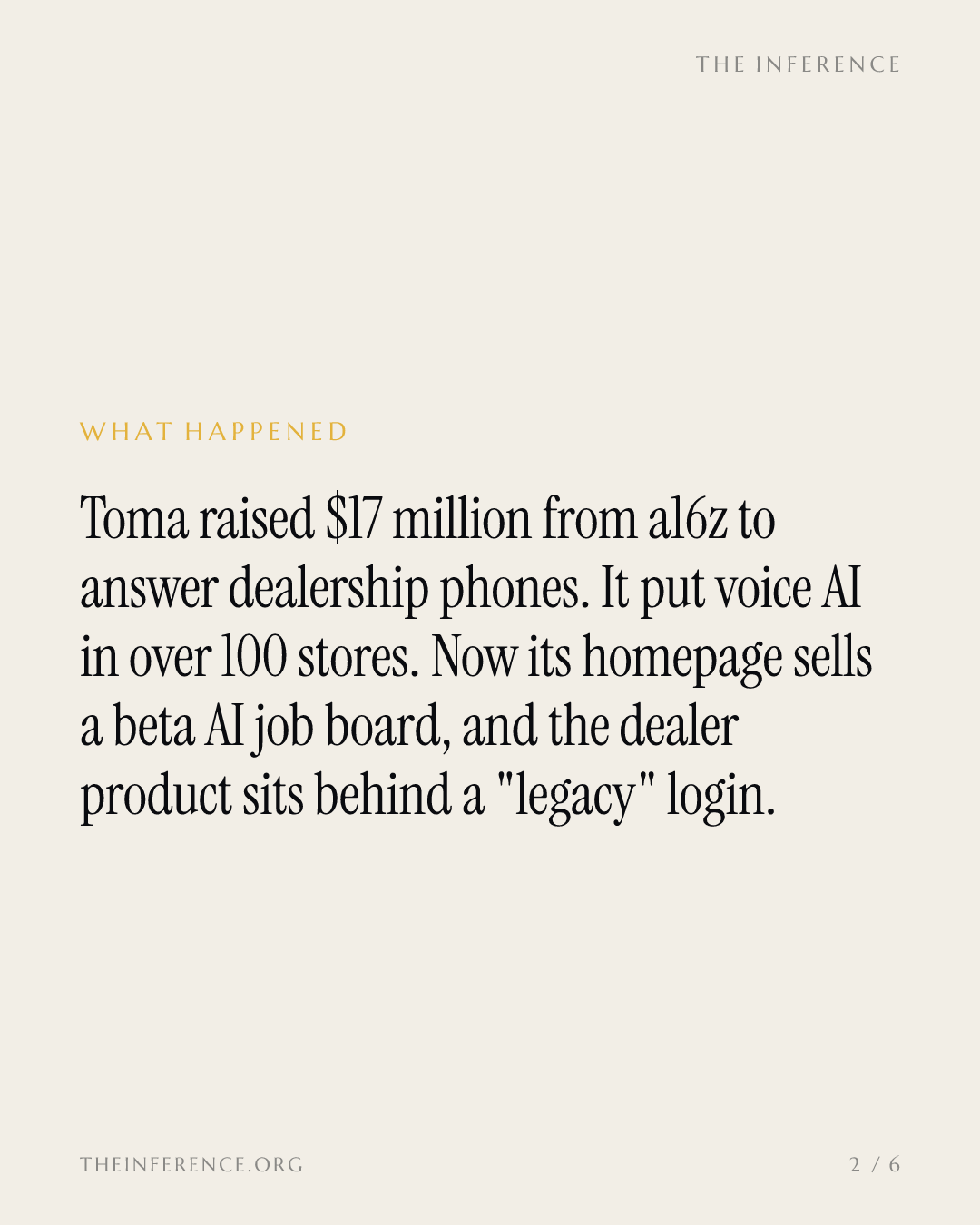 Toma took $17 million from a16z to answer dealer calls; its dealer product is now a 'legacy login' — slide 1