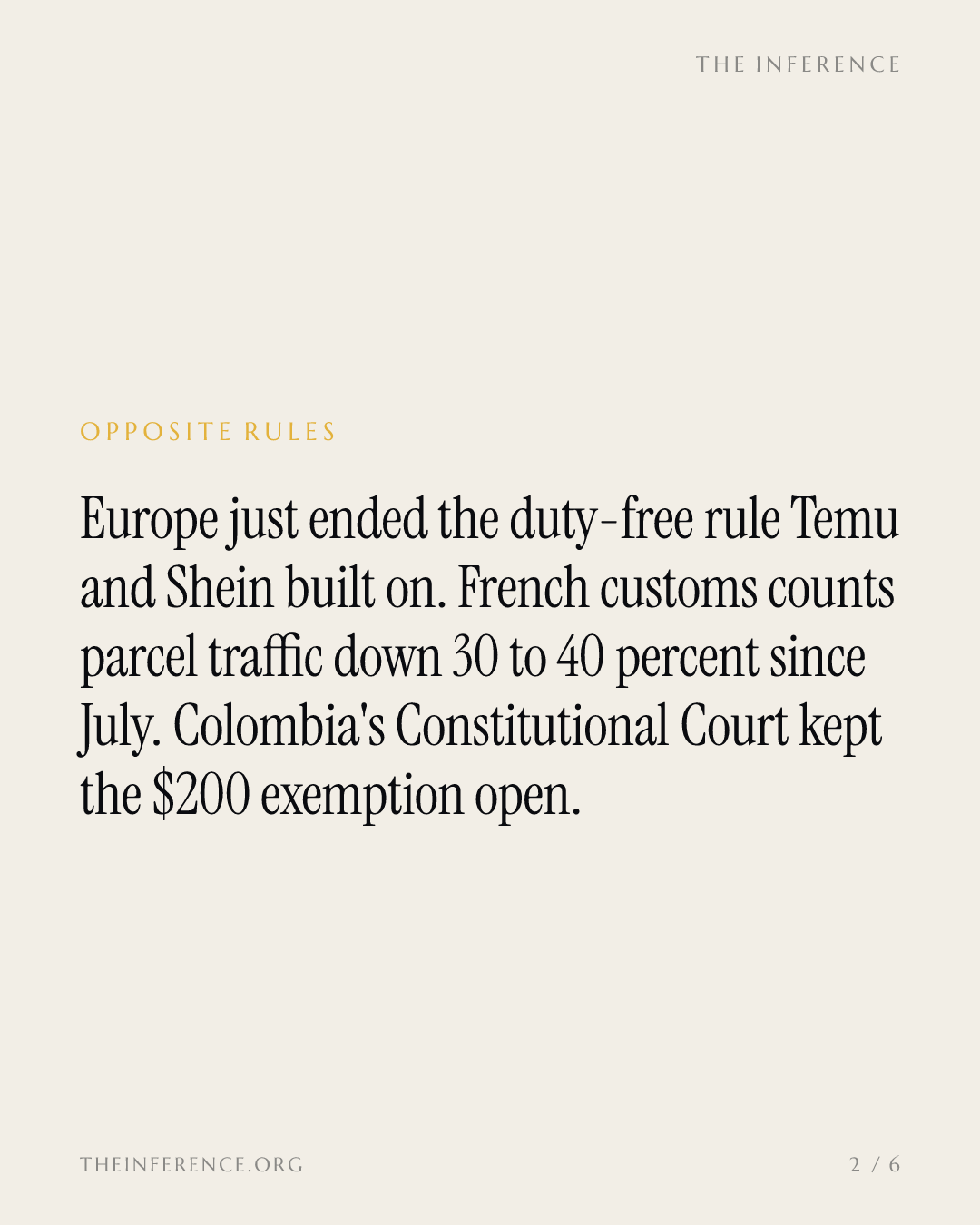 Europe polices the parcels while Colombia keeps its $200 loophole open — slide 1