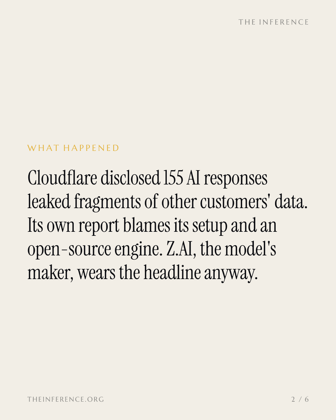 Cloudflare's own disclosure: 155 GLM-5.3 responses leaked other customers' data, and Z.AI's name travels — slide 1