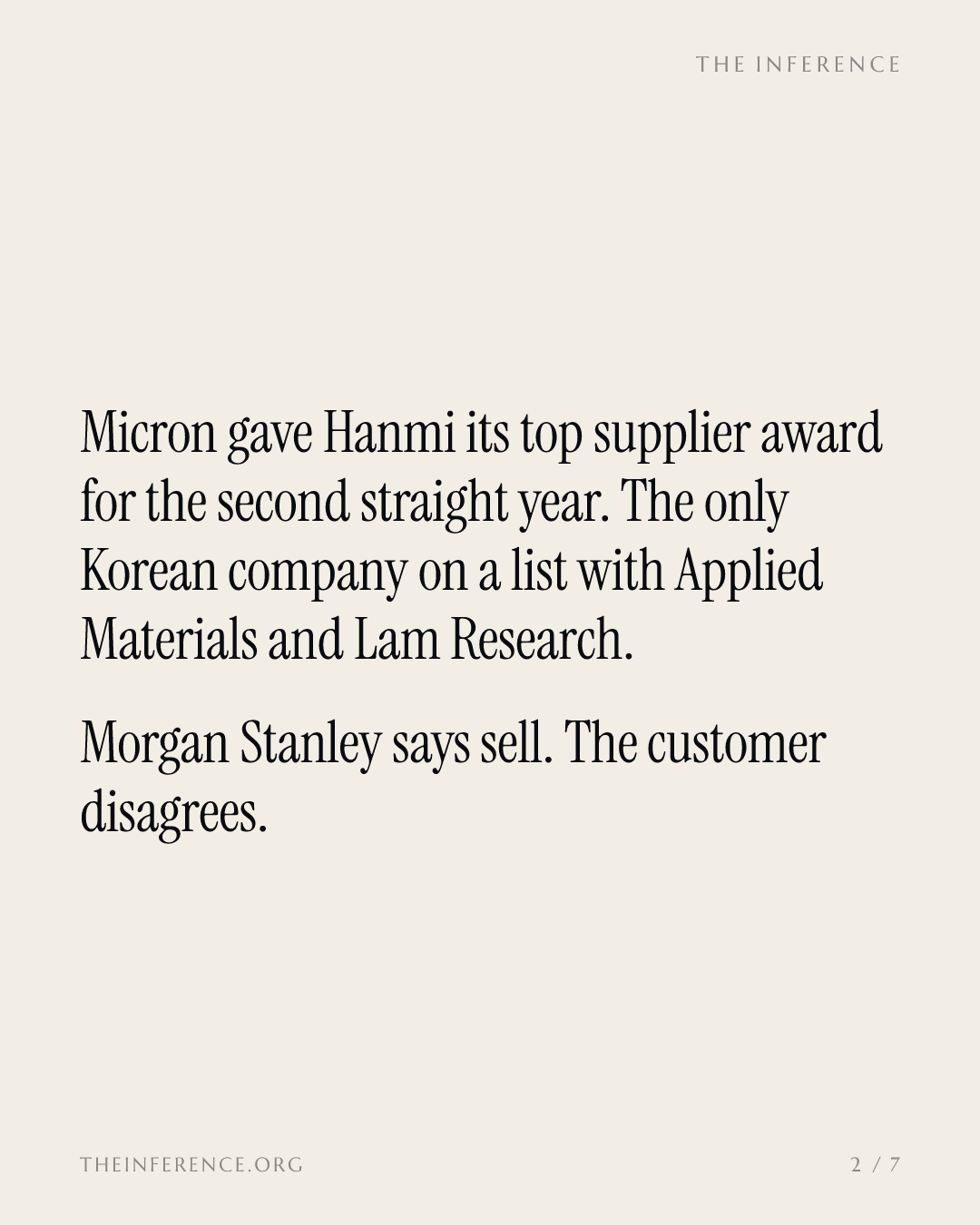 Micron names Hanmi Semiconductor a top supplier again, countering Morgan Stanley's HBM bonder sell case — slide 1