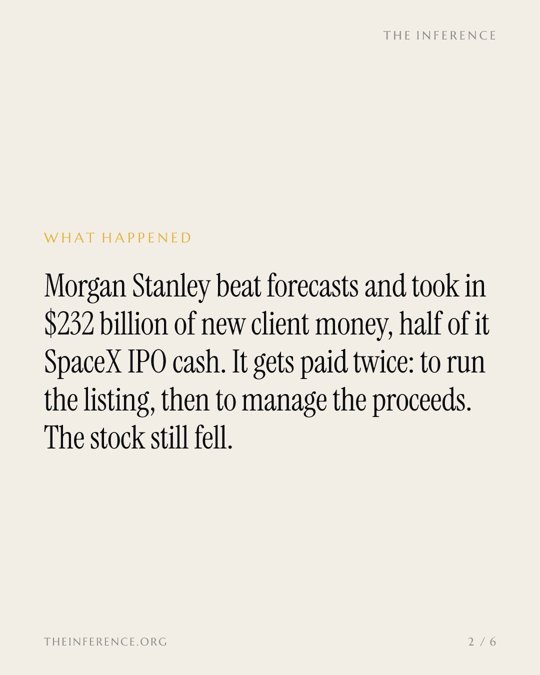The SpaceX IPO pays Morgan Stanley twice: record wealth revenue, $232 billion of new client money — slide 1