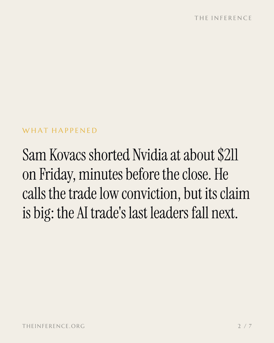 Sam Kovacs sold Nvidia short at $211; a weekly close below $200 is his line for the whole market — slide 1