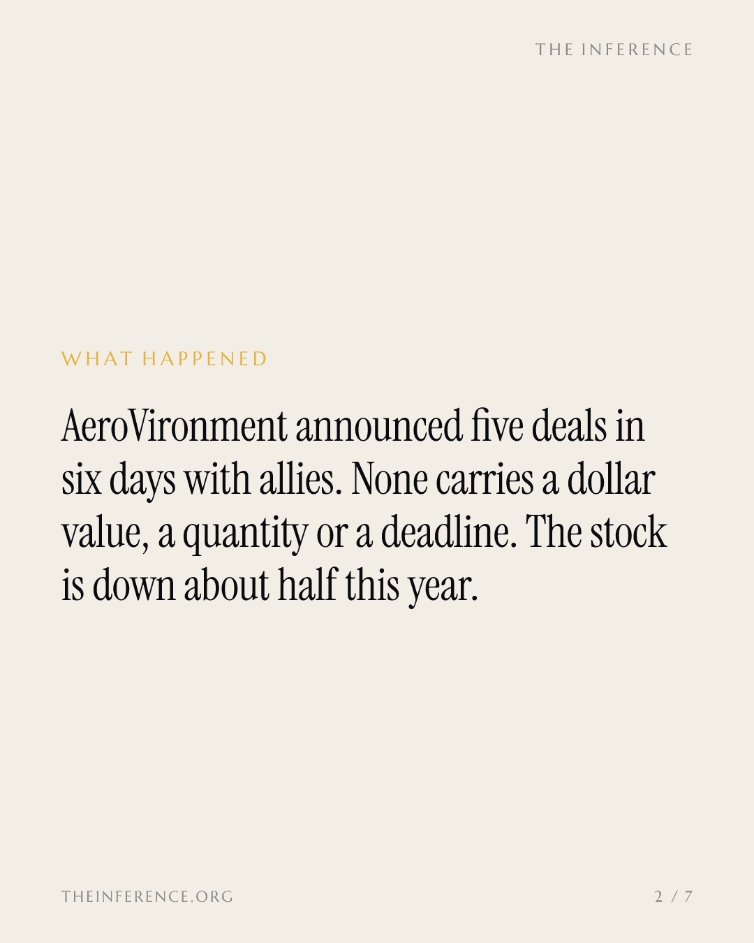 AeroVironment announced five deals in six days, none an order, against a $216 average analyst target — slide 1