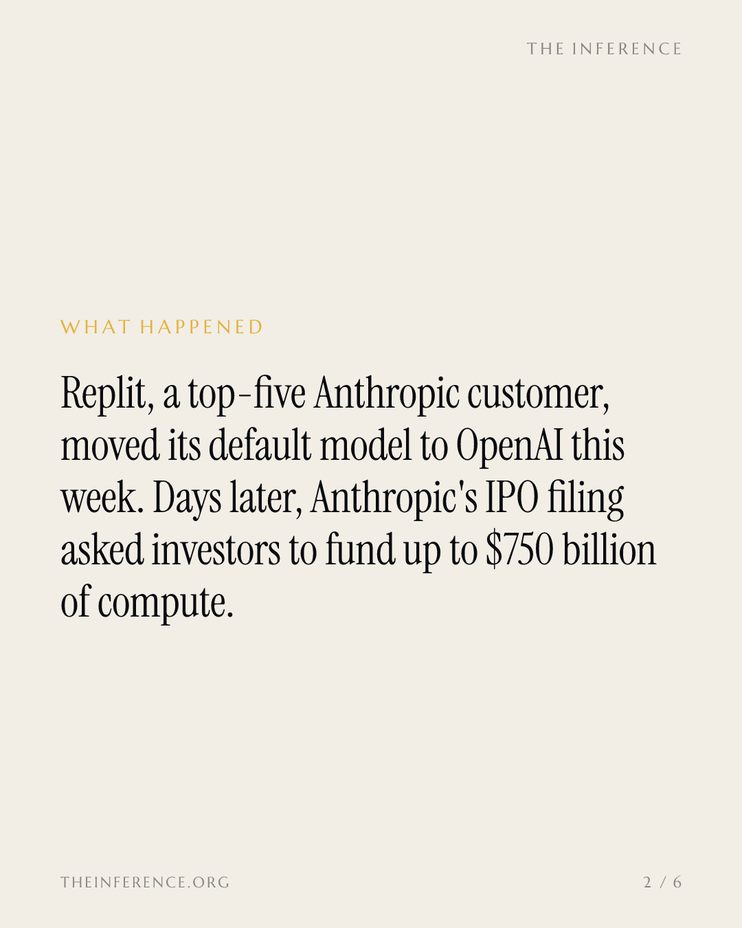 Replit's exit from Anthropic's top five lands the same week Anthropic asks the market for $750 billion — slide 1