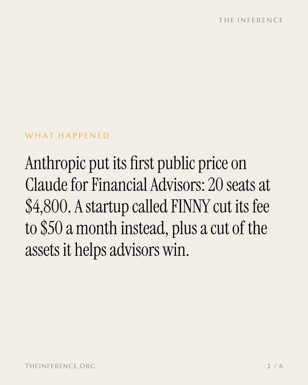 Anthropic prices Claude for financial advisors at $4,800 per 20 seats; FINNY charges $50 a month — slide 1