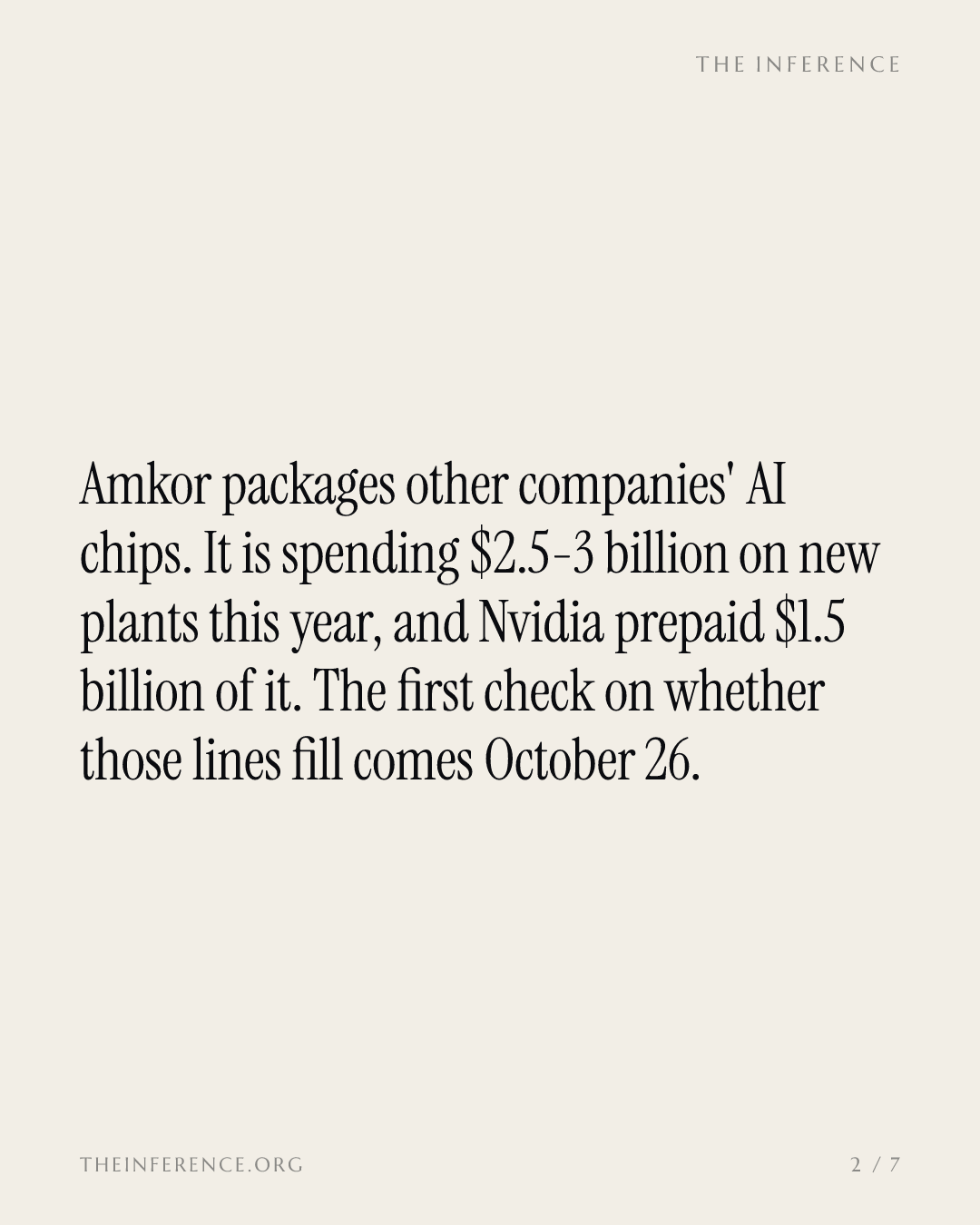 Amkor's $2.5-3 billion AI packaging bet, partly prepaid by Nvidia, gets its first test October 26 — slide 1