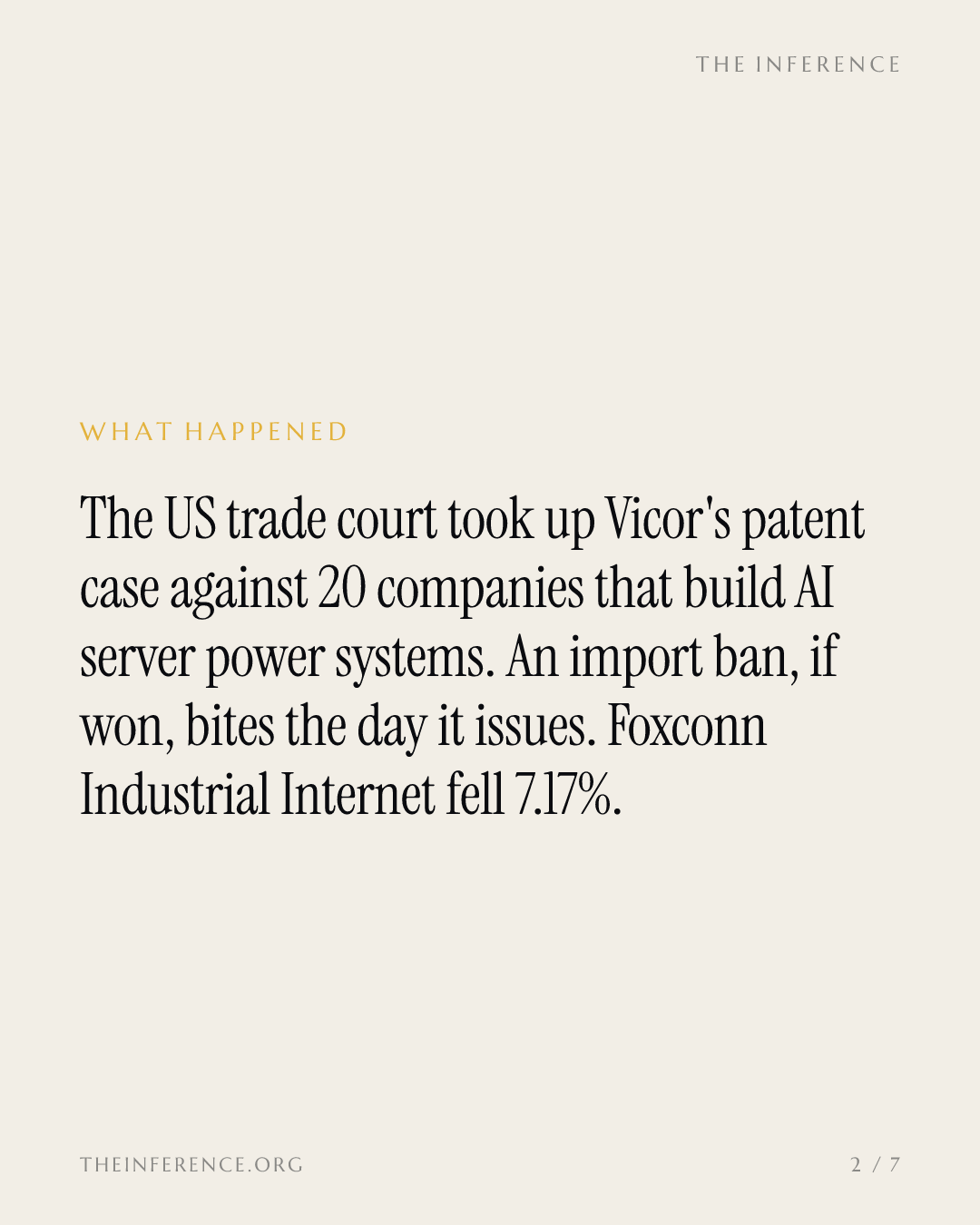 ITC takes Vicor's patent case against Foxconn, Delta and 18 others; Foxconn Industrial Internet fell 7.17% — slide 1
