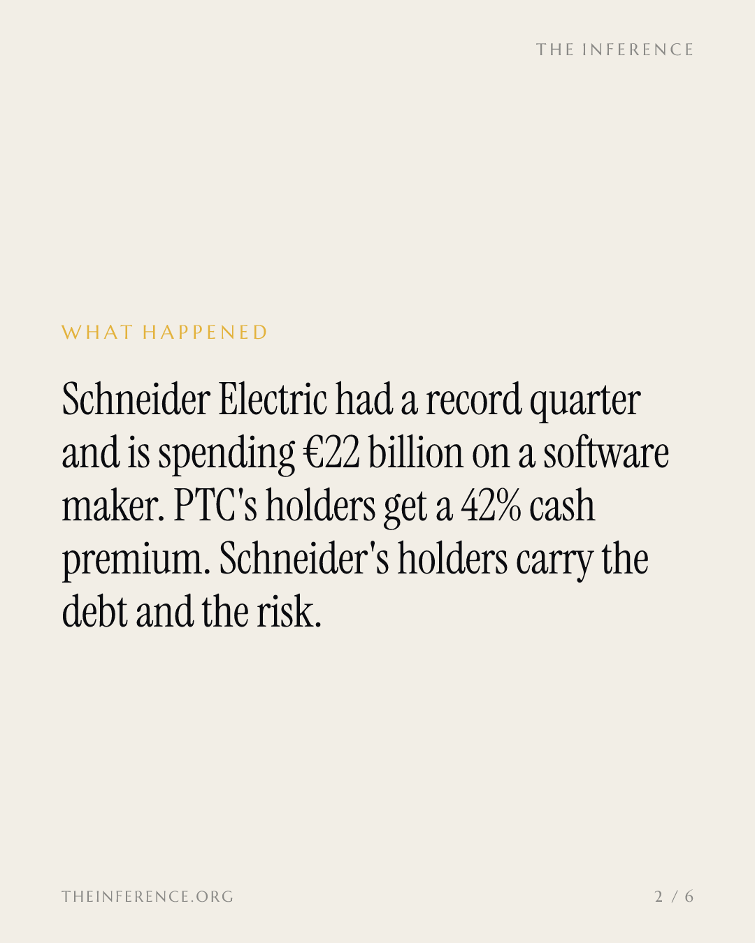 Schneider Electric's record quarter funds its €22 billion PTC bet; PTC holders take the 42% premium — slide 1
