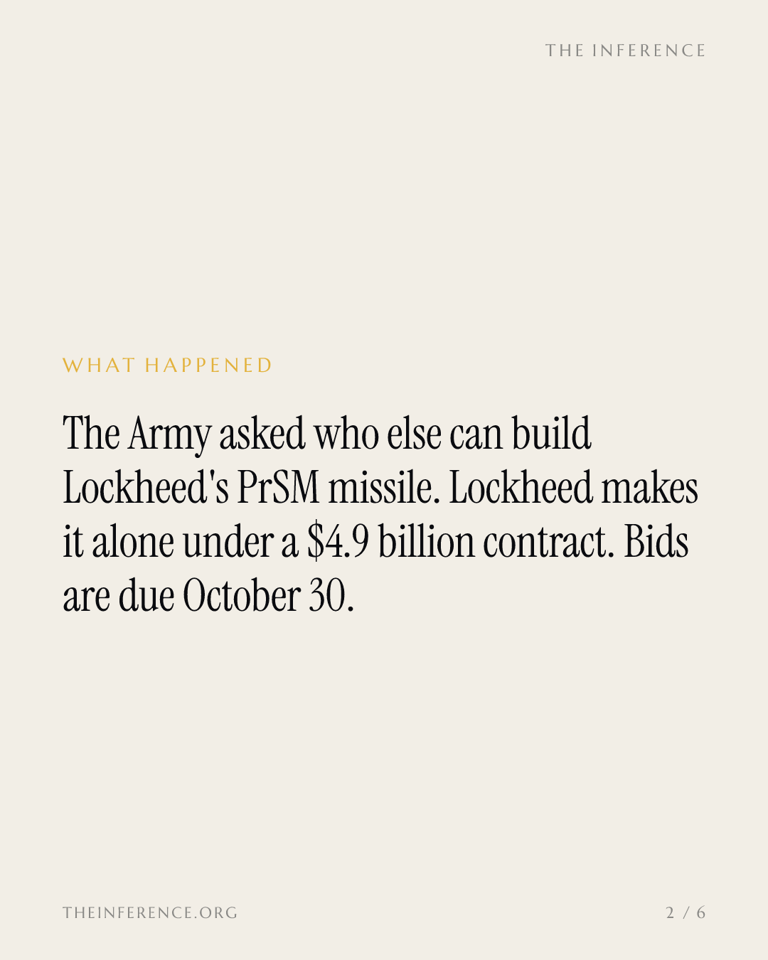 The Army invites second builders for Lockheed Martin's $4.9 billion missile contract; replies due October 30 — slide 1