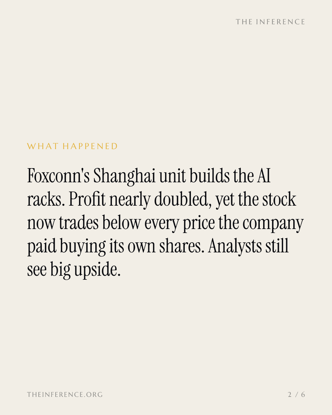 Foxconn's Shanghai rack builder now trades below every price its own buyback paid — slide 1