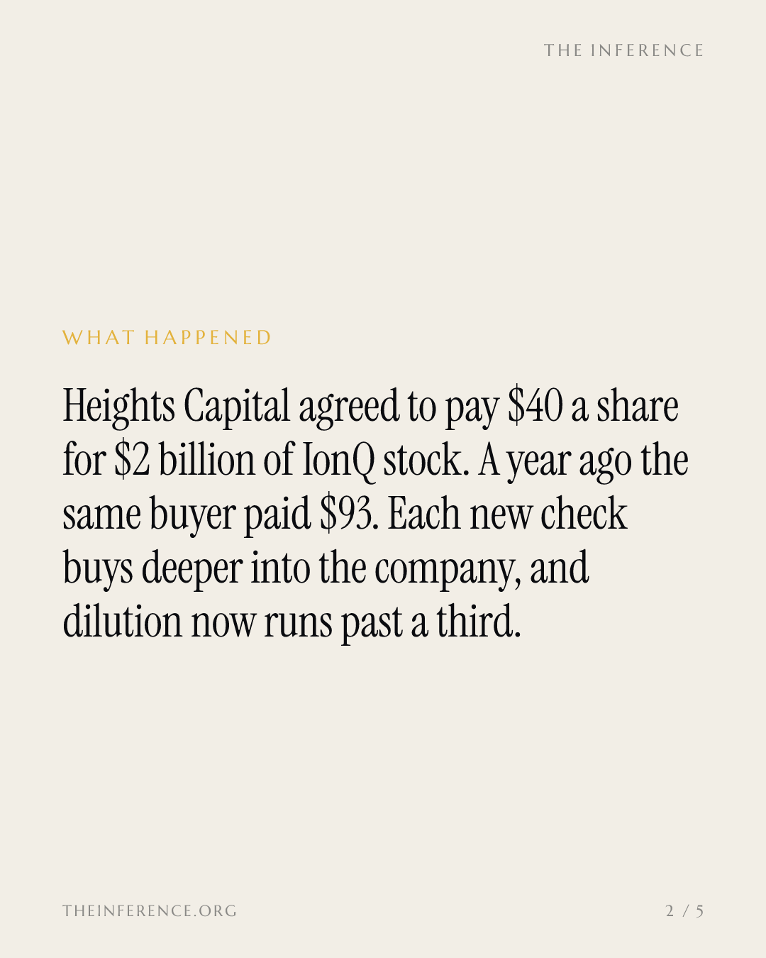 Heights Capital buys $2 billion of IonQ stock at $40, down from $93 last year; dilution runs past a third — slide 1