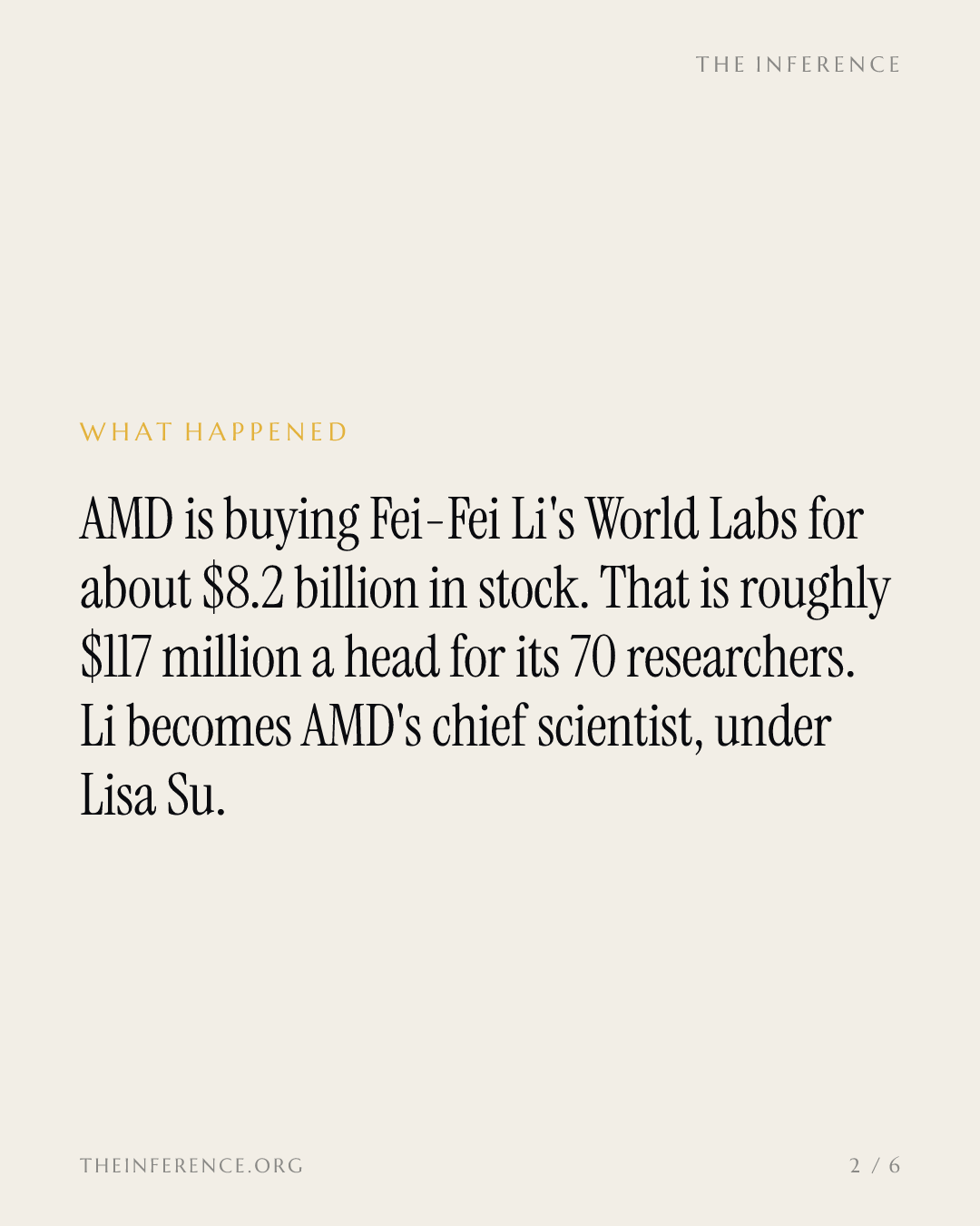 AMD buys Fei-Fei Li's World Labs for $8.2 billion, $117 million a head, as rivals give it away — slide 1