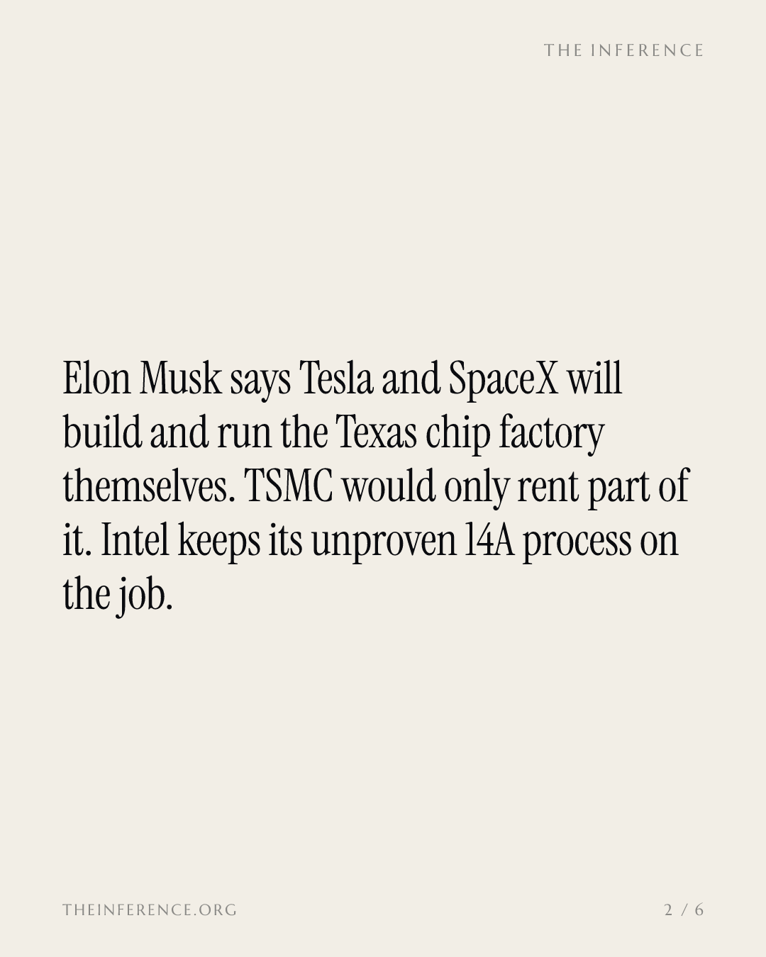 Musk says Tesla and SpaceX will run the $16.8 billion Texas fab on Intel's unproven 14A process — slide 1