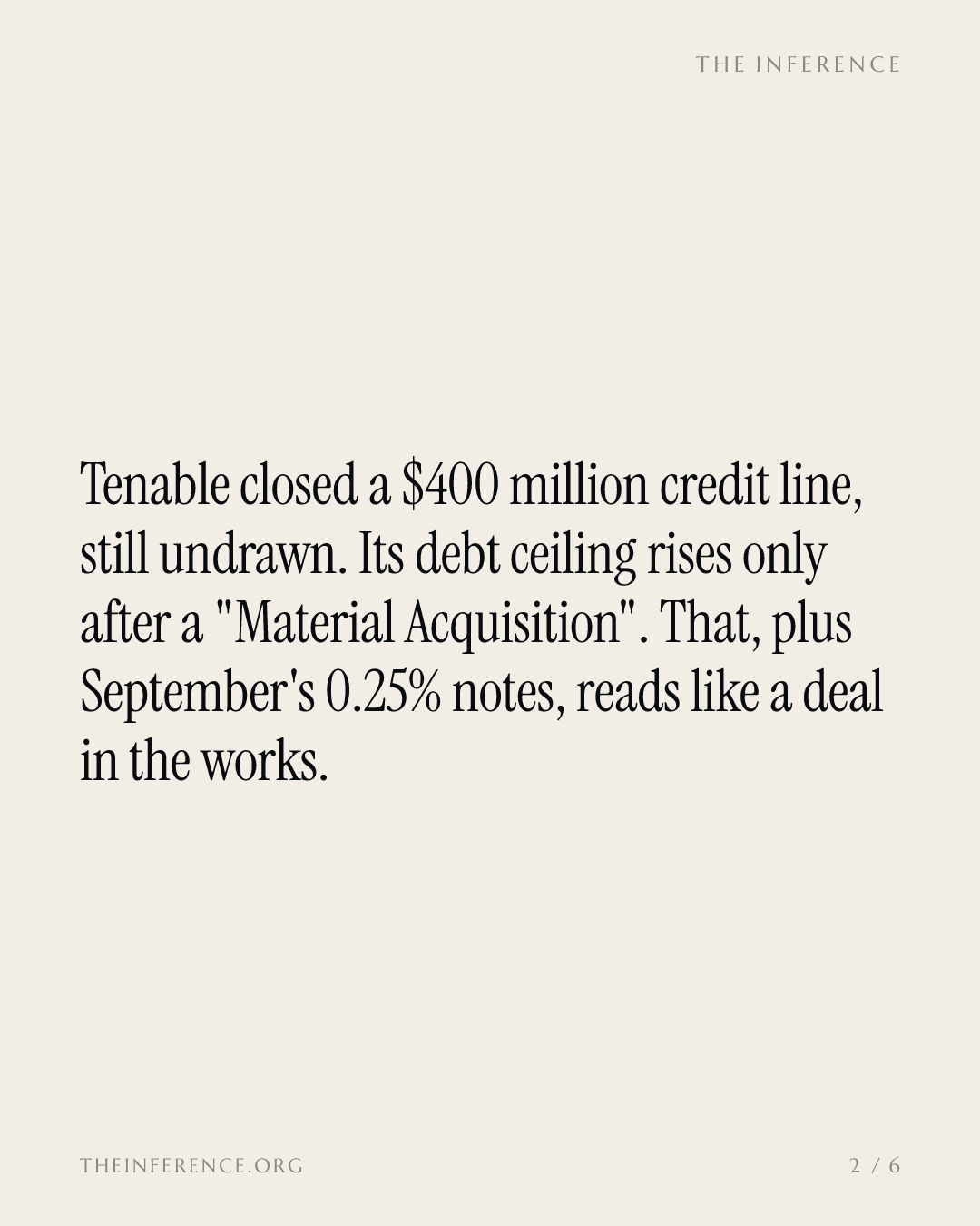 Tenable's new $400 million credit line is acquisition money, and the covenants say so — slide 1