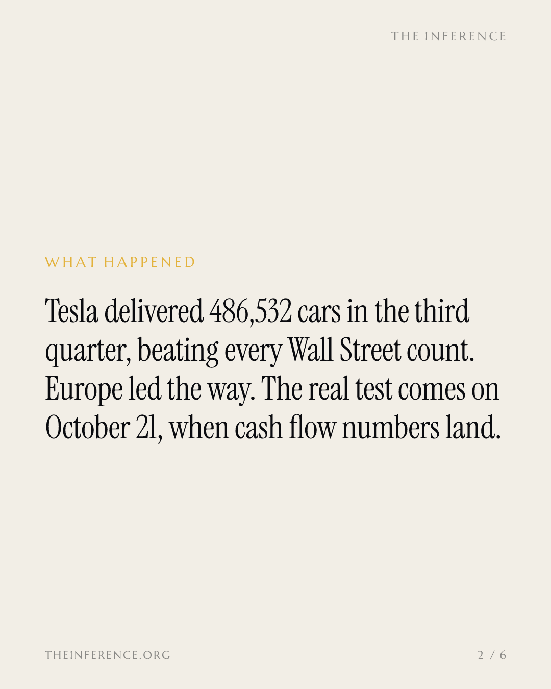 Tesla clears its delivery bar by 25,000 cars, and the cash test moves to October 21 — slide 1