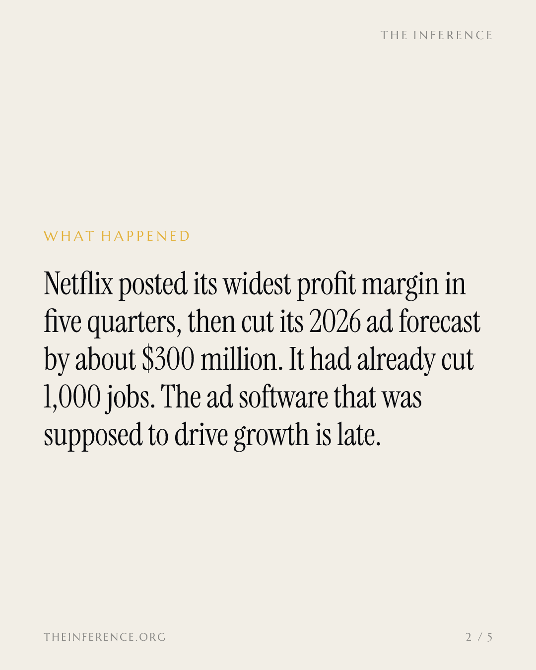 Netflix cut 1,000 jobs, then took $300 million off its 2026 ad forecast; new markets open March 2027 — slide 1