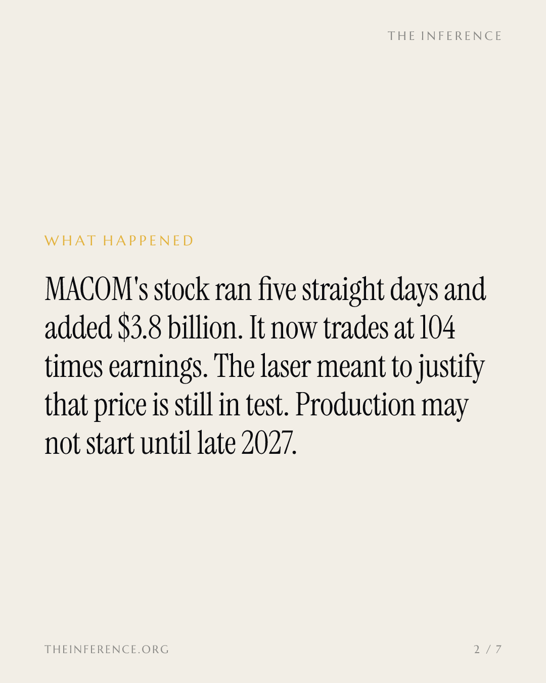 Five green days, 104 times earnings, and a MACOM laser still in test — slide 1