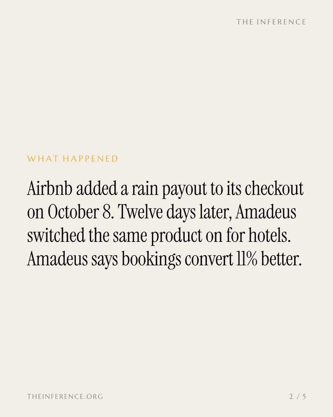 Airbnb and Amadeus sell rain insurance 12 days apart; Amadeus says bookings convert 11% better — slide 1