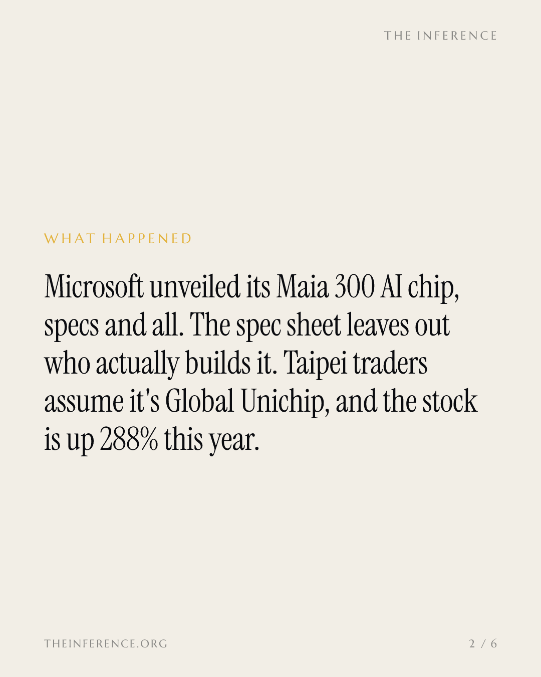 Microsoft detailed its Maia 300 chip but won't name its builder; Global Unichip is up 288% on the presumption — slide 1