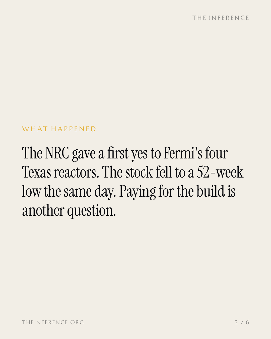 Fermi Inc. hits $3.42, a 52-week low, as an NRC draft backs four reactors its $62.5 million cannot fund — slide 1