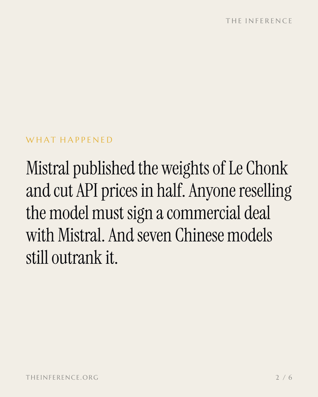 Mistral publishes weights, halves prices, and makes resellers sign a deal; seven Chinese models outrank it — slide 1