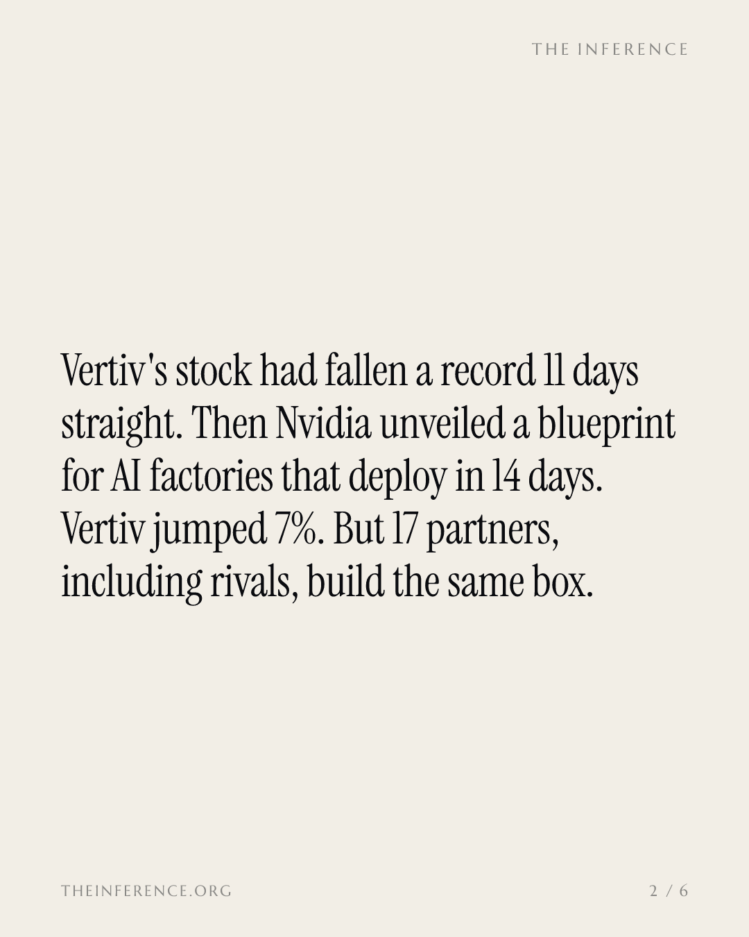 Vertiv rose 7% on Nvidia's 14-day AI factory design, but 17 partners including Eaton build the same box — slide 1