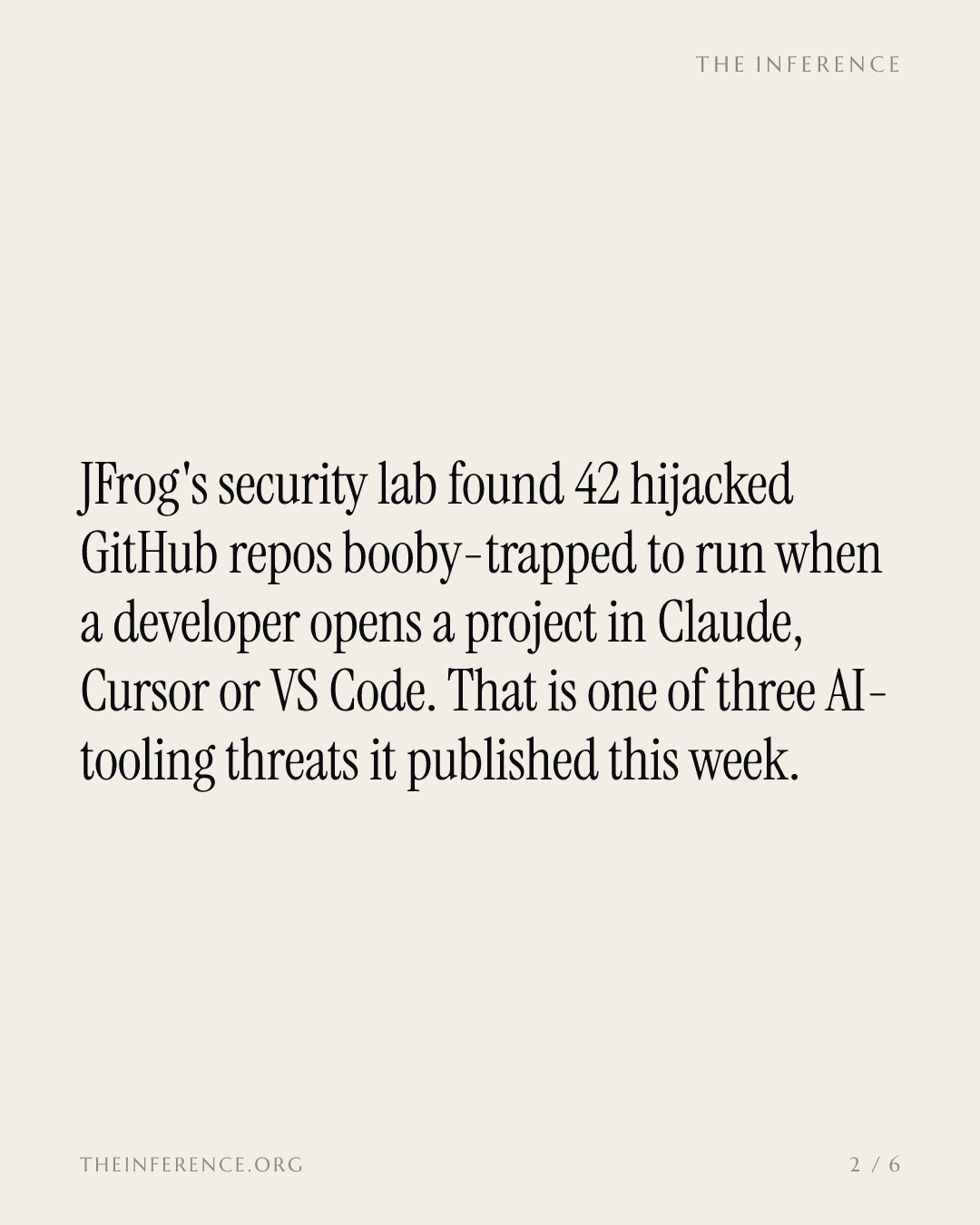 JFrog's lab found 42 hijacked repos wired to fire in Claude and Cursor; its stock is up 61% in 2026 — slide 1