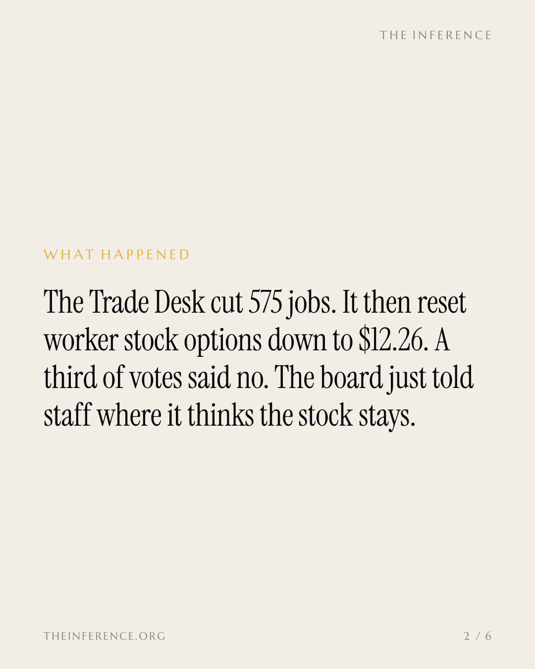 The Trade Desk repriced options to $12.26 after cutting 575 jobs; 232.5 million votes opposed — slide 1
