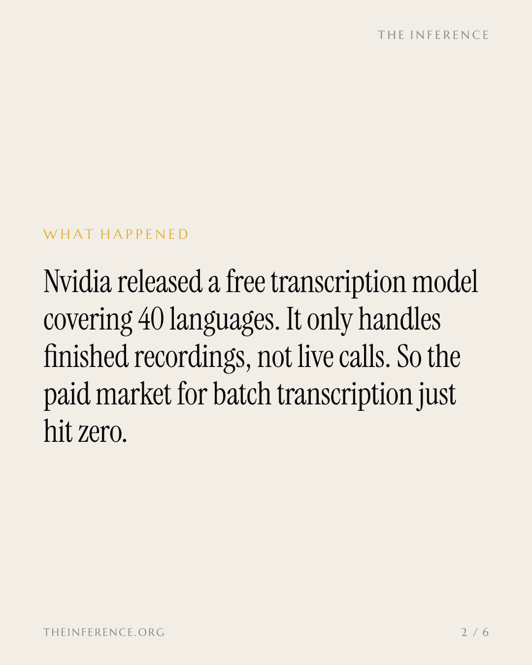 Nvidia made batch transcription free. Only the phone call still pays. — slide 1