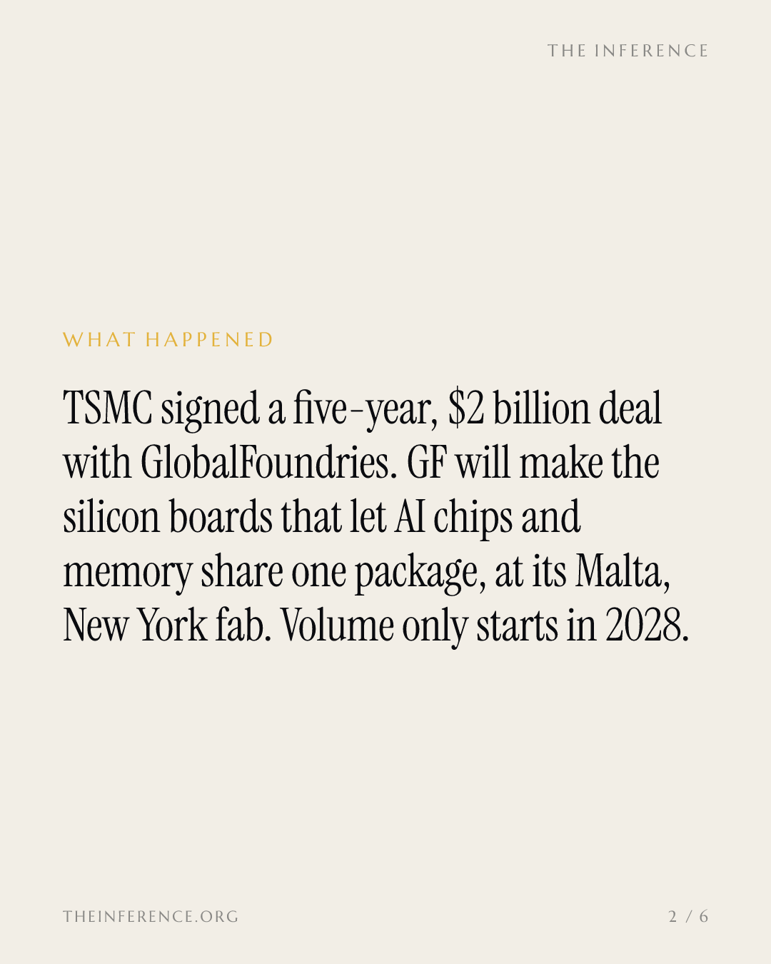 TSMC is paying GlobalFoundries $2 billion for AI packaging capacity that starts producing in 2028 — slide 1