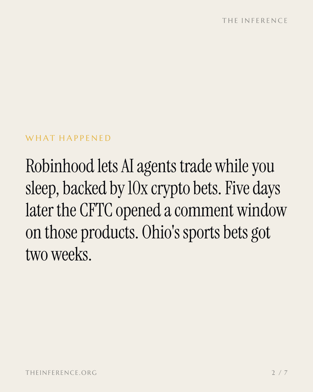 Robinhood ships sleep-trading AI agents and 10x crypto leverage as the CFTC opens a 60-day comment window — slide 1