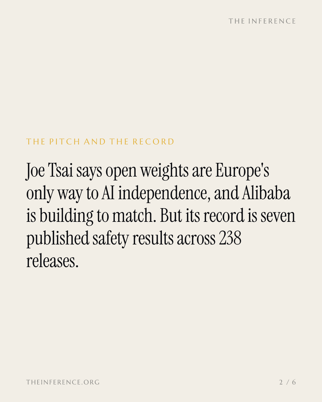 Tsai sells Europe open weights; Alibaba's safety record is seven results in 238 releases — slide 1