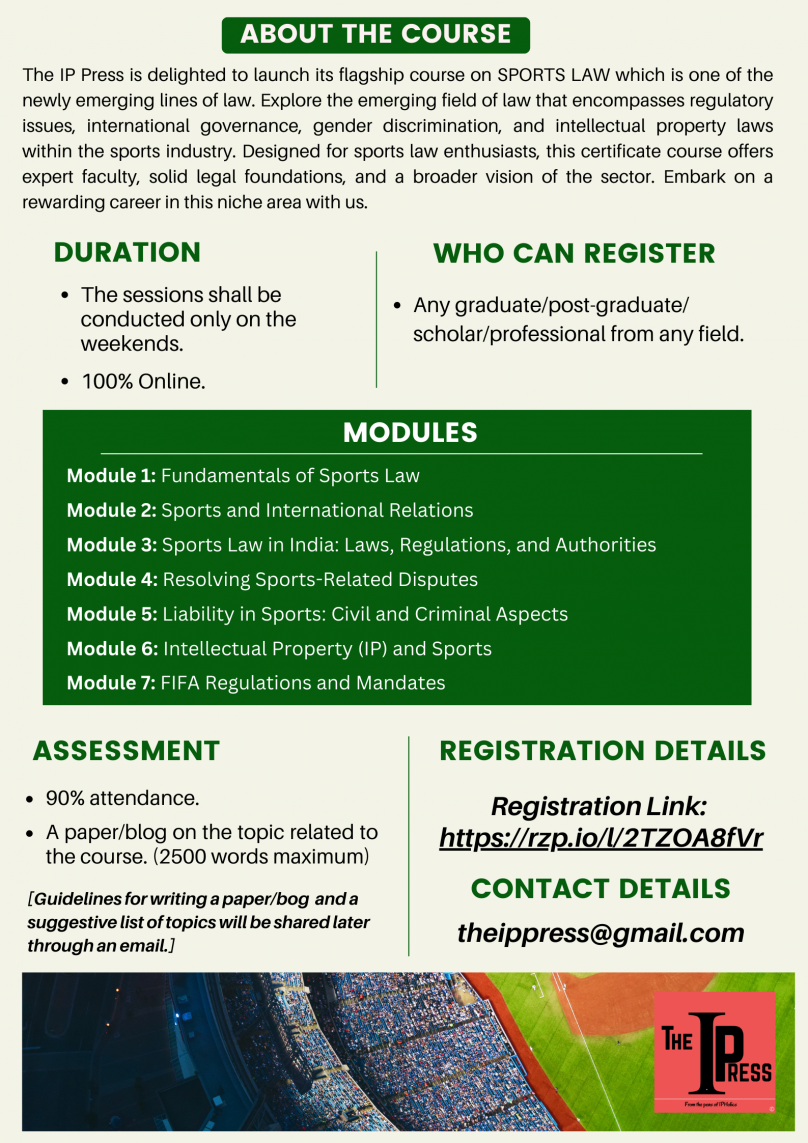 Certificate course on Sports Law (15th July 2023 to 6th August 2023) – The  IP Press