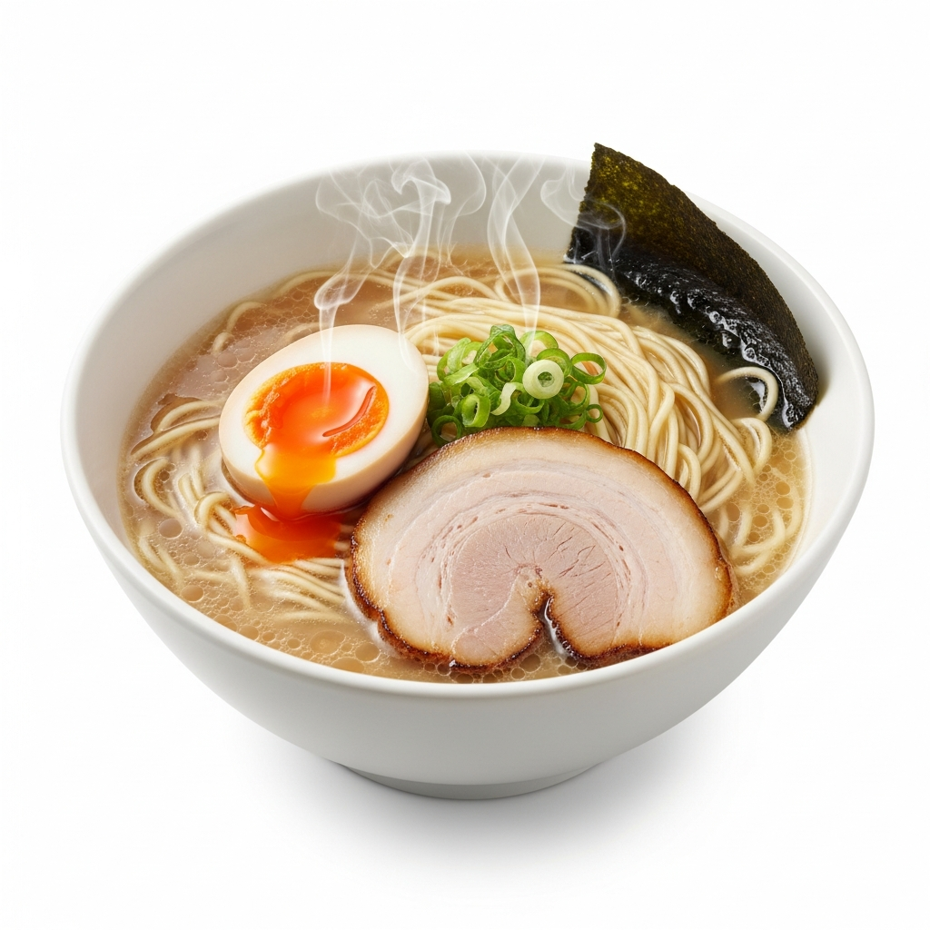 Tonkotsu Ramen with Wheat Noodles, Creamy Pork Bone Broth, Soft-Boiled Egg, and Pork Belly