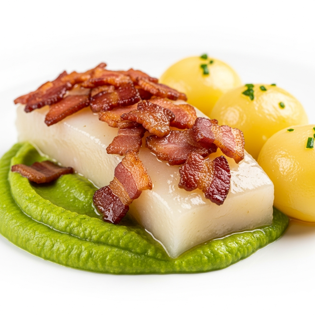 Lutefisk with Bacon Bits, Pea Puree and Boiled Potatoes